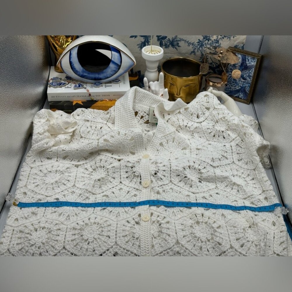 🆕 FARM Rio 🧿 NWOT White Semisheer Floral Button-Up Crochet Cover-Up Dress, L - Picture 14 of 15
